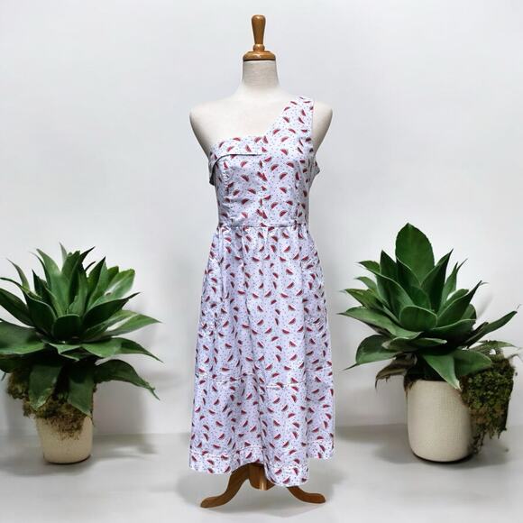HD in Paris Anthropologie Watermelon Midi Dress Sz 8 White One Shoulder Fruit - Picture 1 of 11